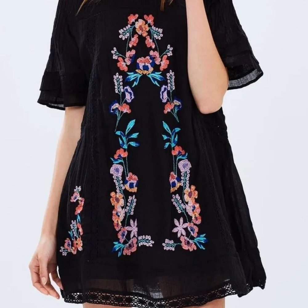 Free People Embroidered Flower Dress, Small, Black